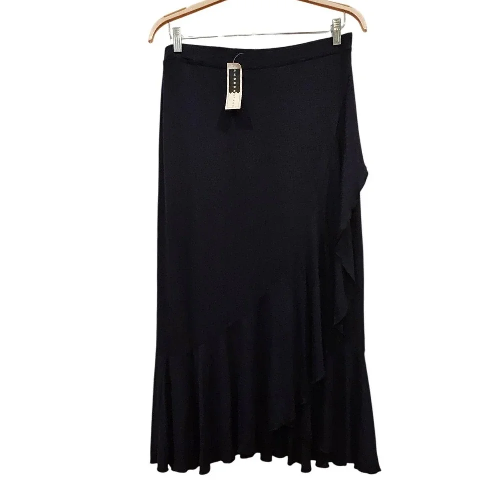 Rhonda‎ Stark Dark Navy Maxi Skirt Ruffle Hem Size L